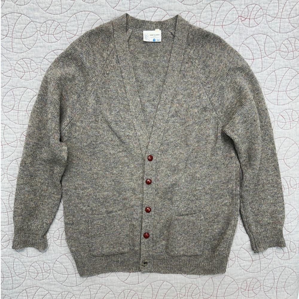 Shetland Cardigan Sweater Gray Marled Wool Scotland / Mens Large 42"